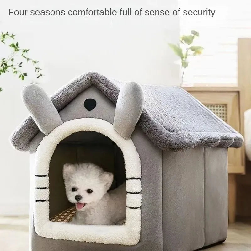 Washable enclosed pet nest bed in gray for small dogs and cats with removable cover
