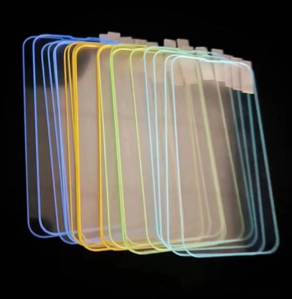 Fluorescent luminous tempered glass screen protector for iPhone in pink, yellow, green, blue, and grass green colours.