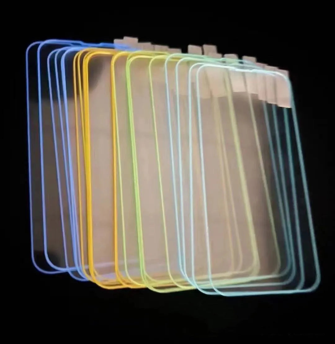 Fluorescent luminous tempered glass screen protector for iPhone in pink, yellow, green, blue, and grass green colours.