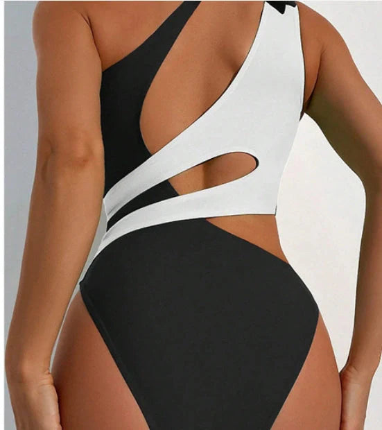 Women's black one-piece swimsuit with cross-colour lace-up front design for adjustable fit during swimming