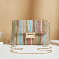 Soft straw women's cross-body bag in horizontal square shape with phone compartment