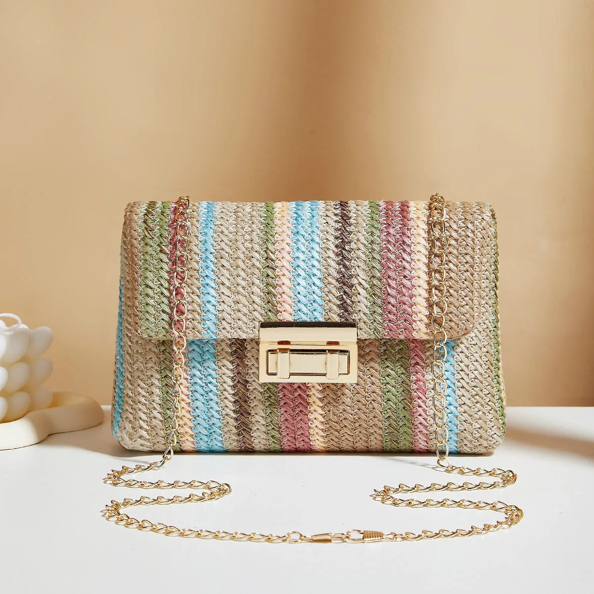 Soft straw women's cross-body bag in horizontal square shape with phone compartment