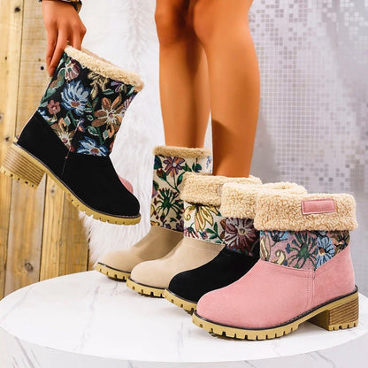 Stylish ethnic-inspired snow boots with floral embroidery, featuring a warm cotton interior and durable suede exterior in a variety of colors.