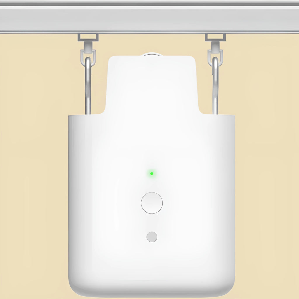 White automatic curtain opener and closer device with USB charging cable.