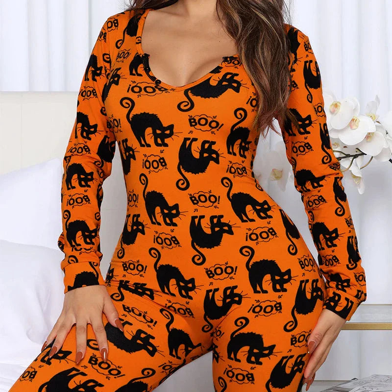 Stylish Halloween-themed pajama jumpsuit with long sleeves and a variety of vibrant prints