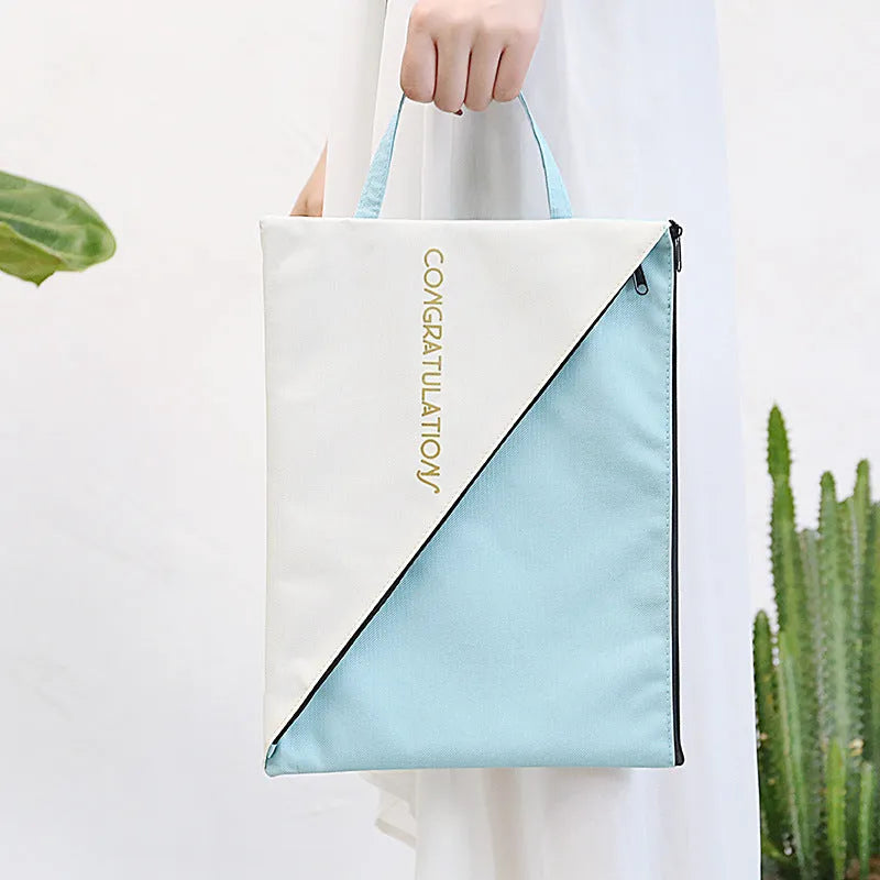 Blue double-layer zipper information bag made from Oxford cloth for student document organisation