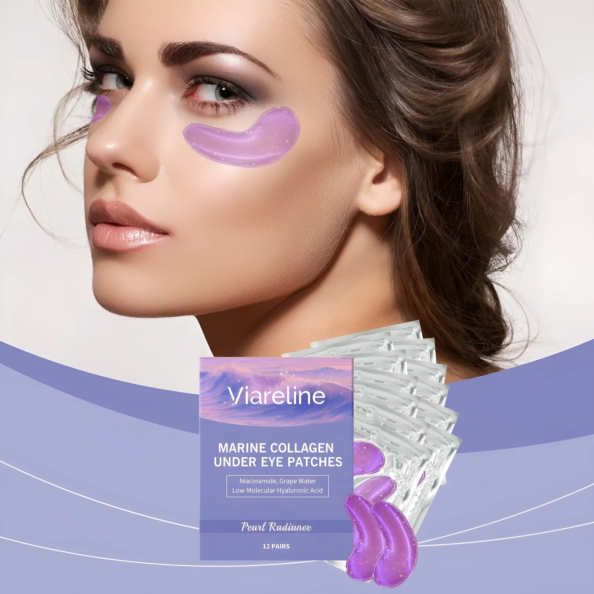 Collagen eye mask pack containing 12 pairs in individual bubble packaging for daily moisturising care