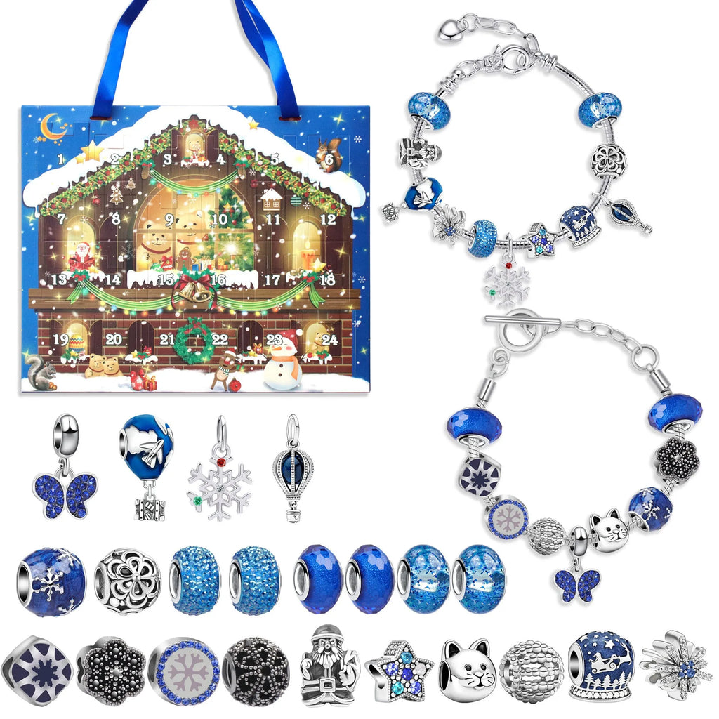 24 grid Christmas advent calendar countdown set with zinc alloy frame and bracelet blind box in blue colour