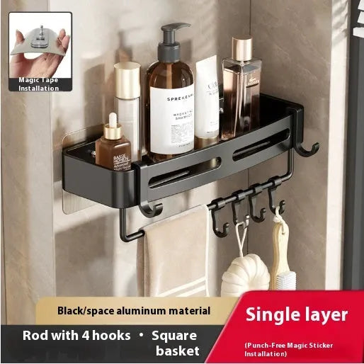 Gun gray triangle bathroom storage rack mounted in corner with punch-free installation