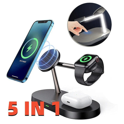 5-in-1 Magnetic Wireless Charging Station with iPhone, Apple Watch, and AirPods charging capabilities, adjustable night light, and stable anti-slip design.