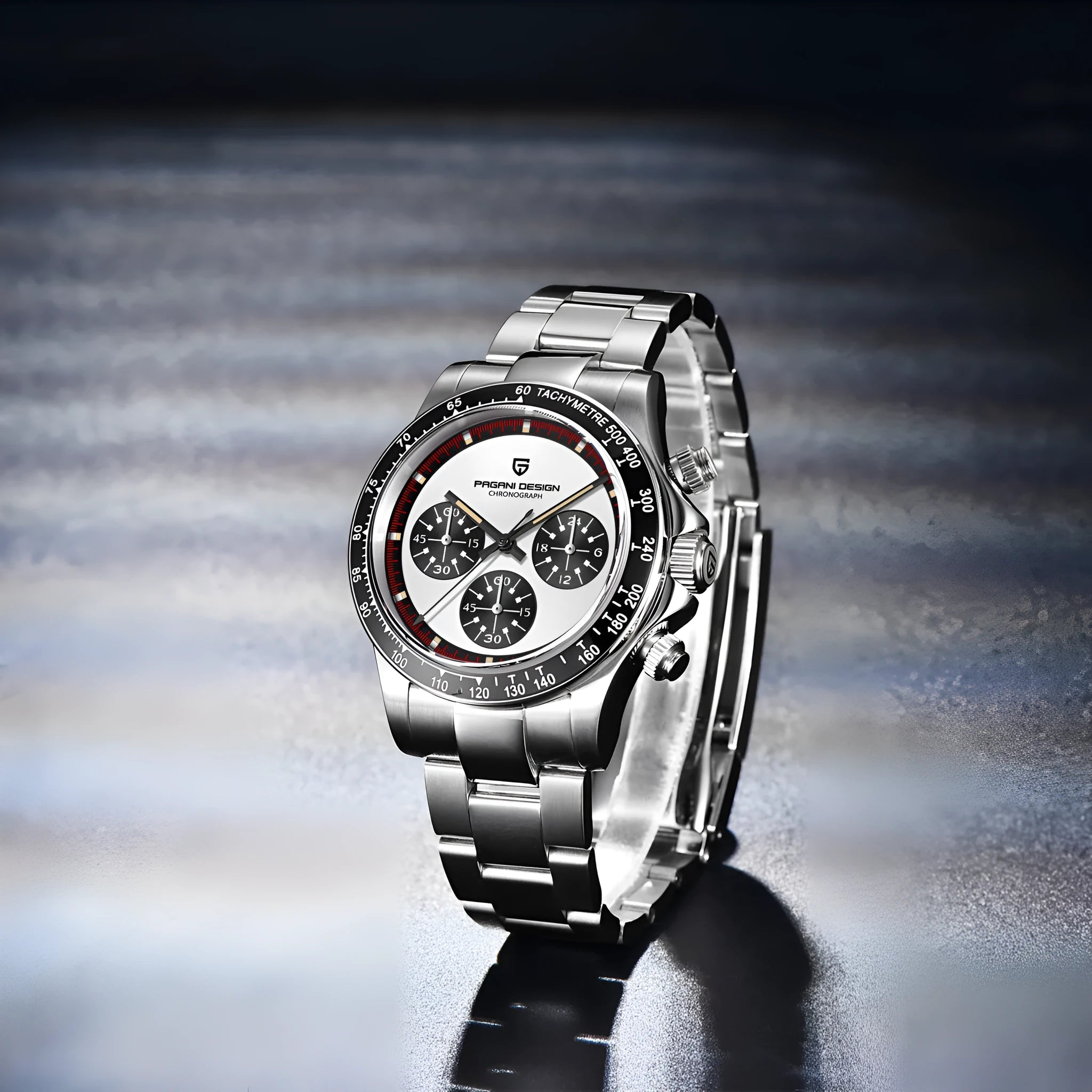 Berjani men's chronograph watch with stainless steel case and bracelet, black dial, chronograph subdials