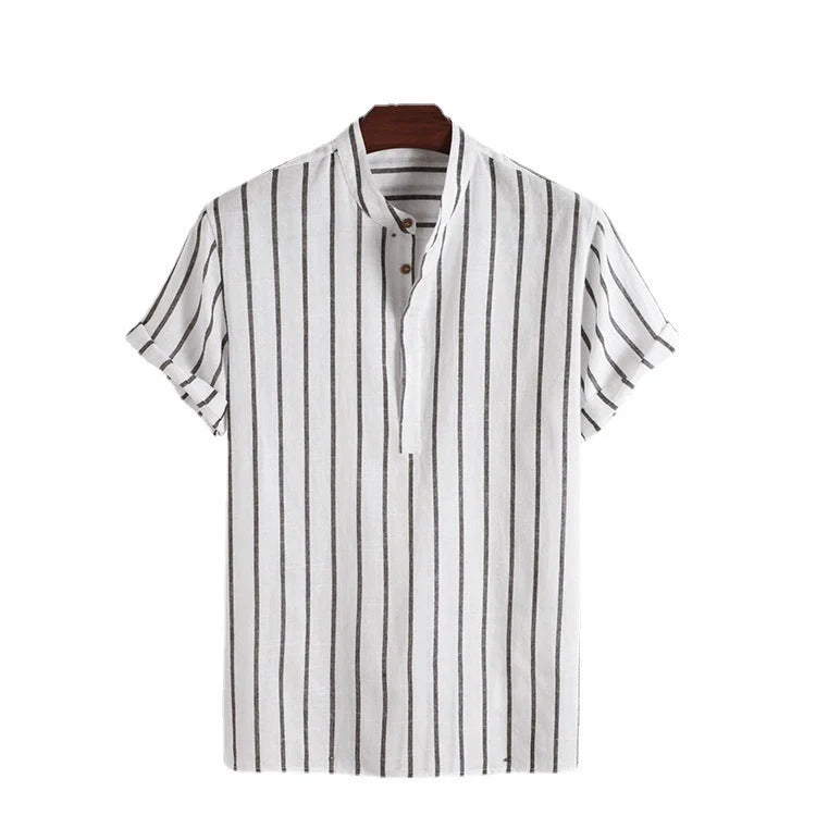 Men's striped casual short sleeve shirt in 100% cotton, available in white, red, gray, and blue.