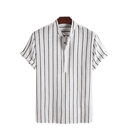Men's striped casual short sleeve shirt in 100% cotton, available in white, red, gray, and blue.