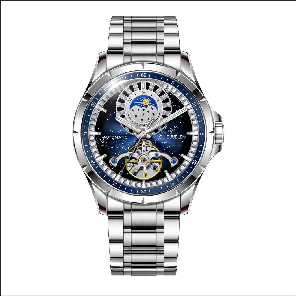 Men's silver and blue automatic mechanical watch with stainless steel strap on wrist