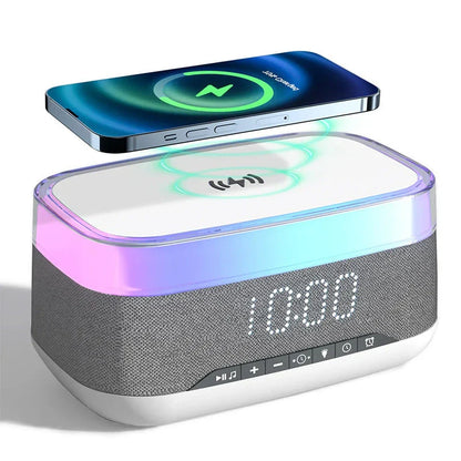 Smart Alarm Clock with Bluetooth Speaker and Wireless Charging in white