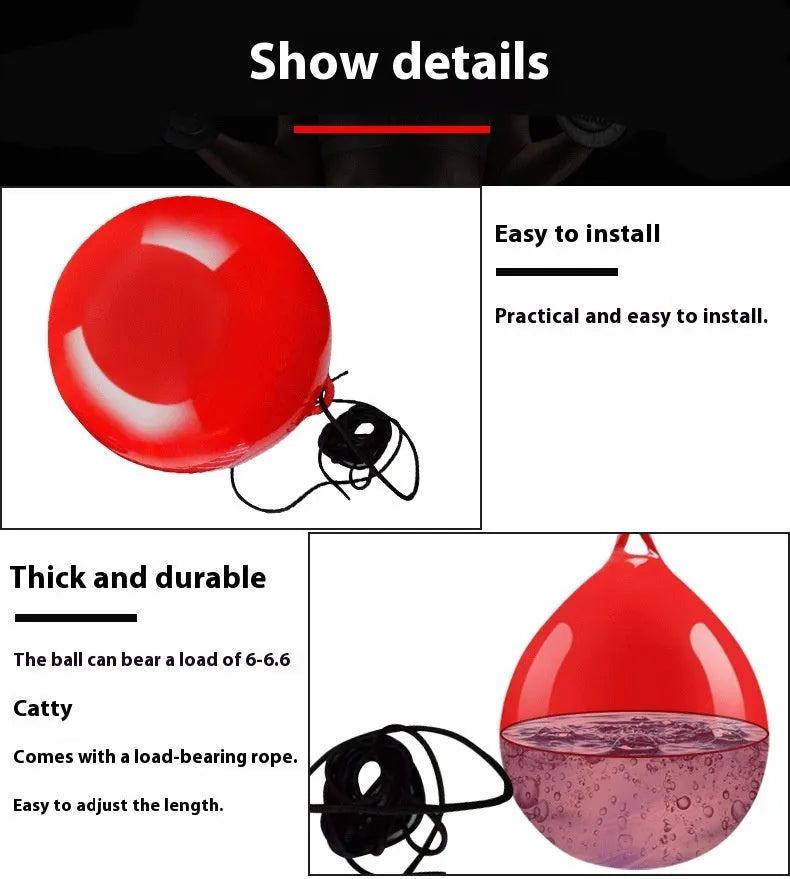 Red PVC water filled boxing reaction ball target with hook rope for hanging during training