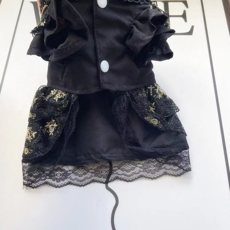 Golden gothic princess skirt costume for a small dog on a white background.