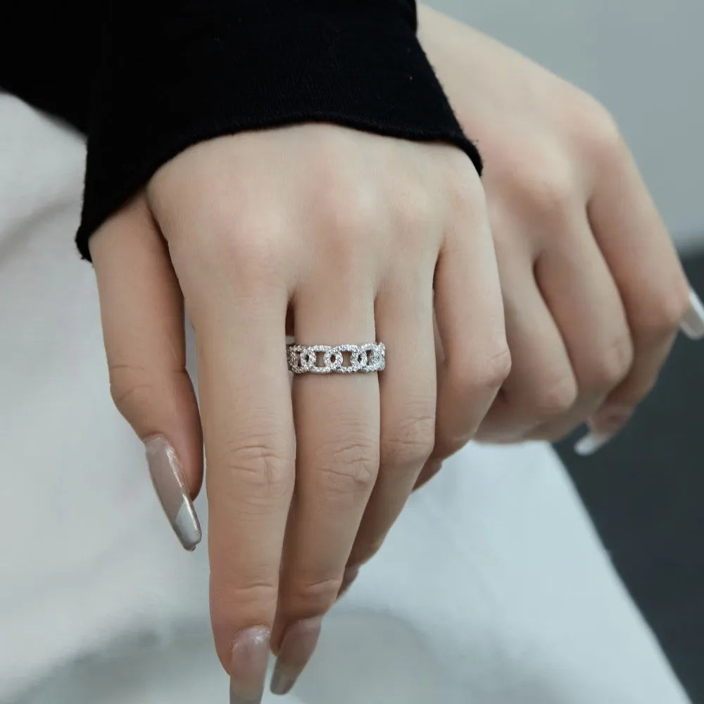 Silver punk chain ring for women in white colour, electroplated finish, size No 6