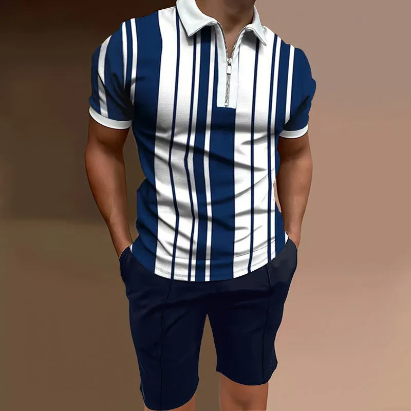 Men's printed polyester two-piece set comprising short sleeve top and matching shorts in casual colours