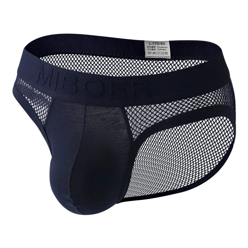 Men's black mesh briefs with low waist design showing elastic waistband and breathable fabric
