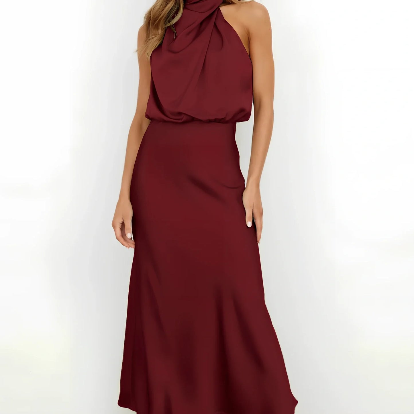 Sleeveless polyester dress in navy blue, 125.8cm length size L, bust 103cm for women's evening parties