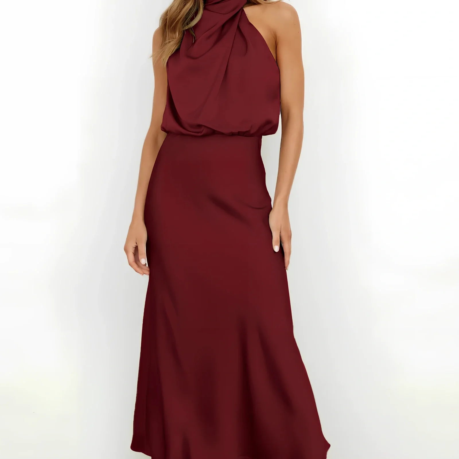 Sleeveless polyester dress in navy blue, 125.8cm length size L, bust 103cm for women's evening parties