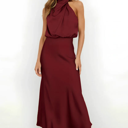 Sleeveless polyester dress in navy blue, 125.8cm length size L, bust 103cm for women's evening parties