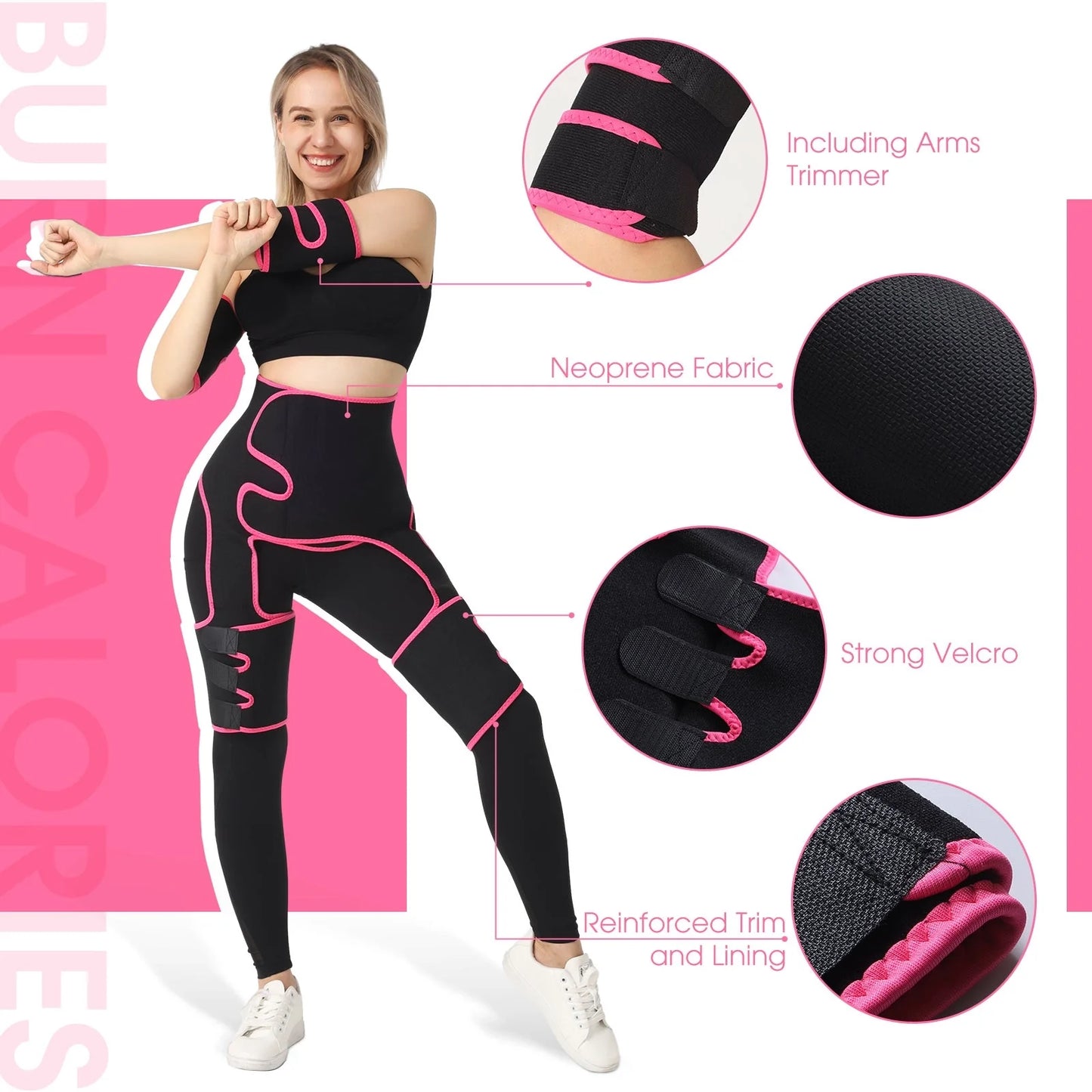 Adjustable spandex-lycra fitness belt for waist, arm, and thigh training in black and pink