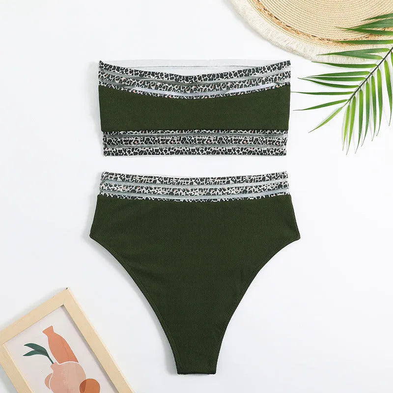 Black strapless bikini set with leopard print detail, showing separate bra and shorts.