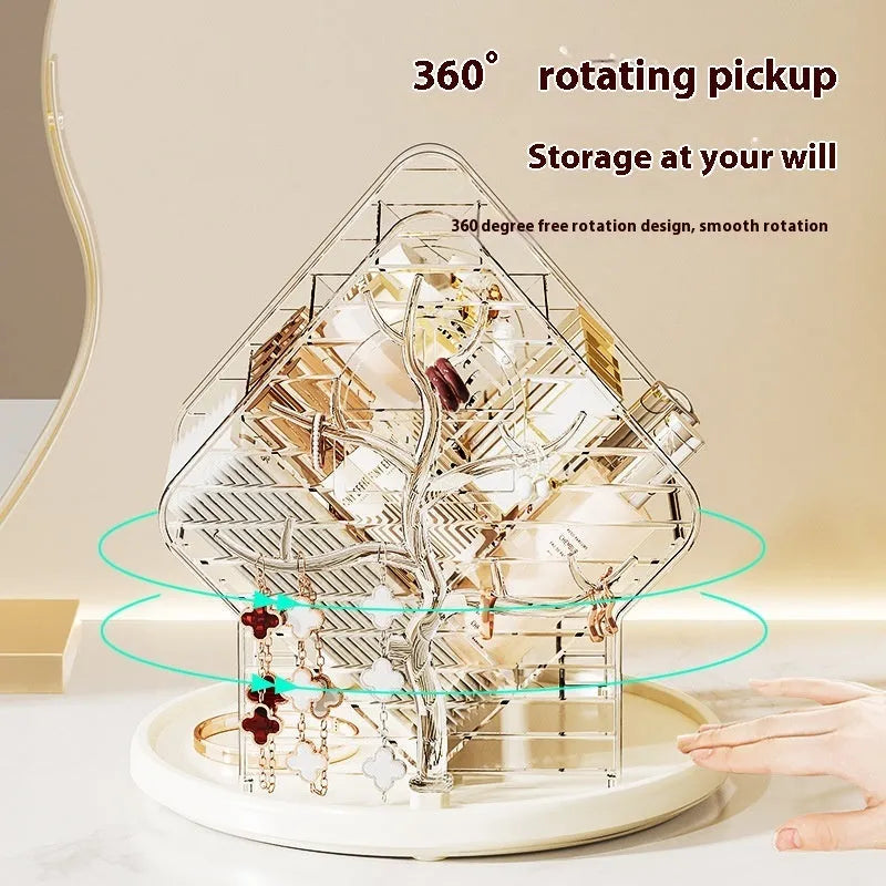 Clear and amber gold rotating plastic cosmetics storage box organiser on a vanity.
