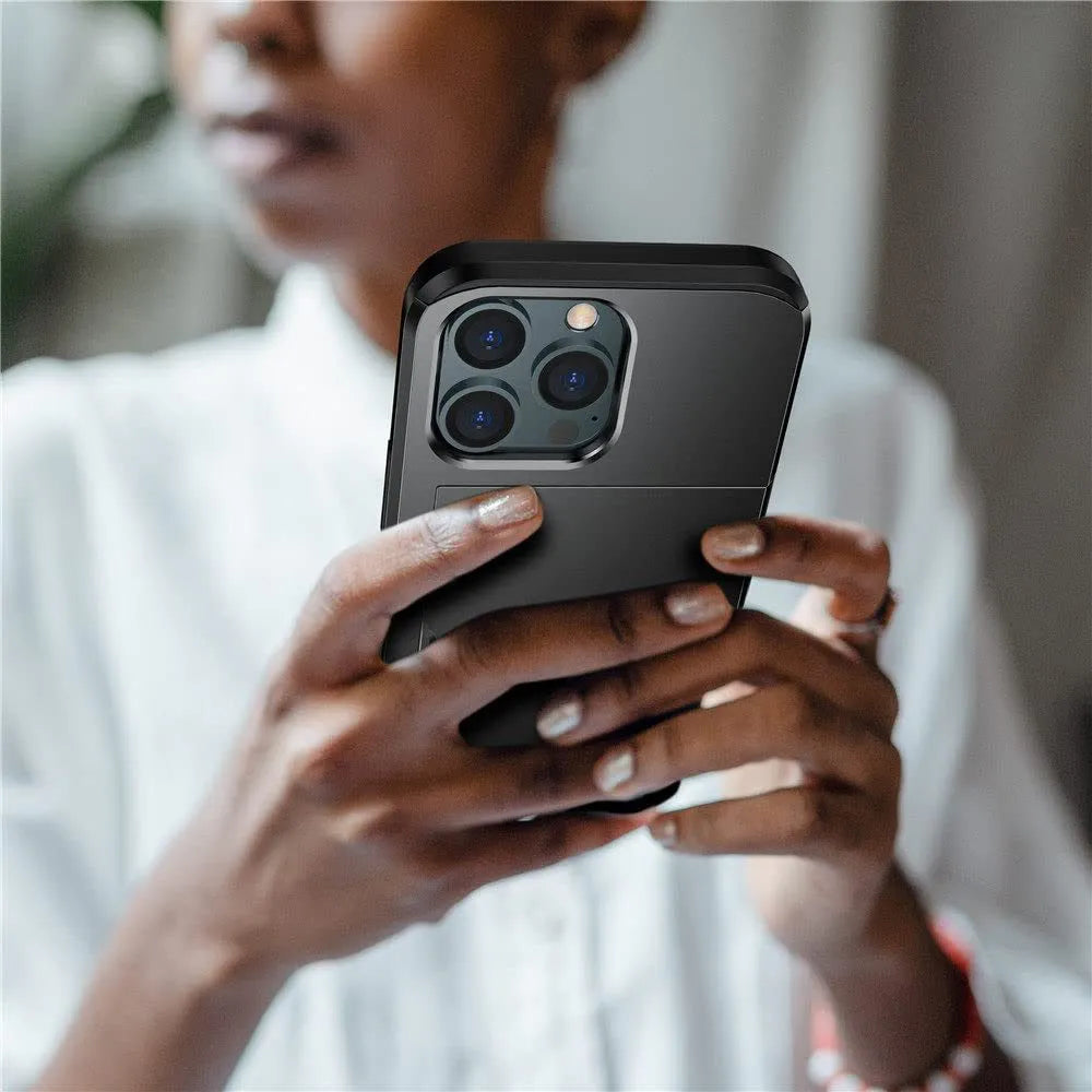 Matte mobile phone case with a sliding card cover open, showing card slots, for iPhone.