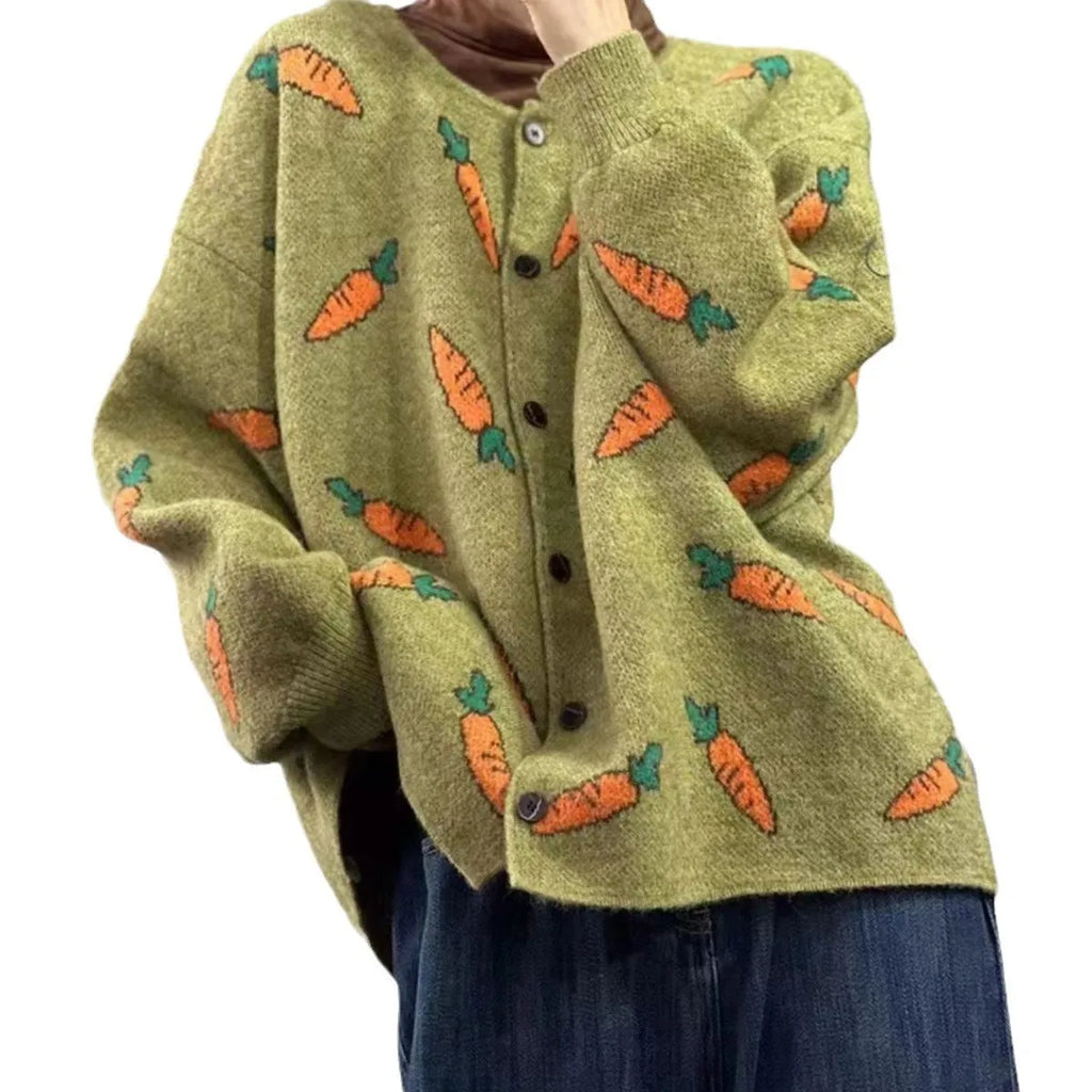 Loose grey cardigan with artistic multi-colour print, round neck, and regular sleeves.