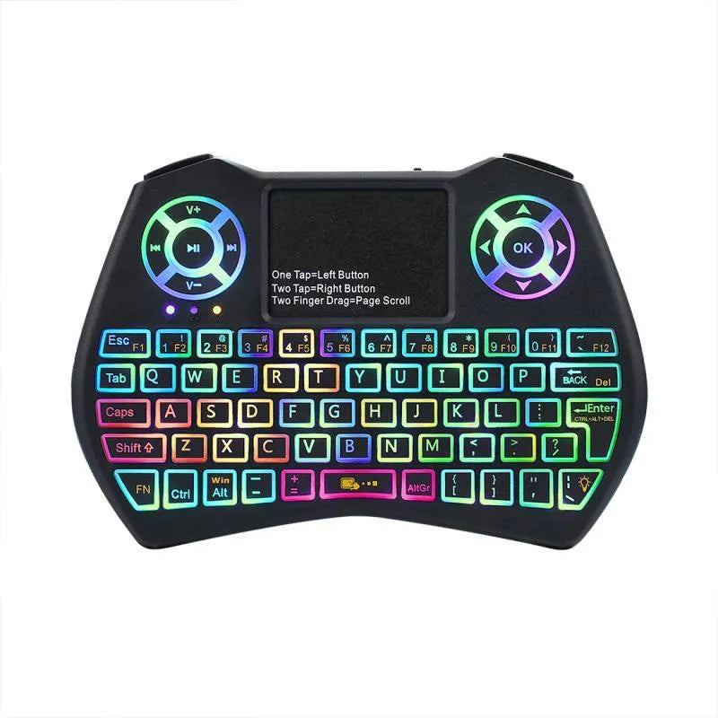 Mini wireless keyboard with Qwerty keys, touchpad, and LED backlit in black