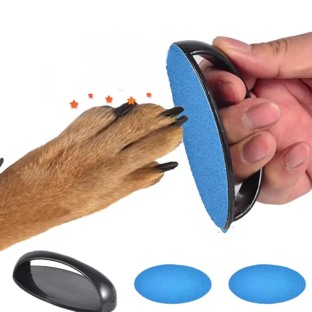 Square dog nail file board with ergonomic handle in one of four colours: black, blue, green, or yellow.