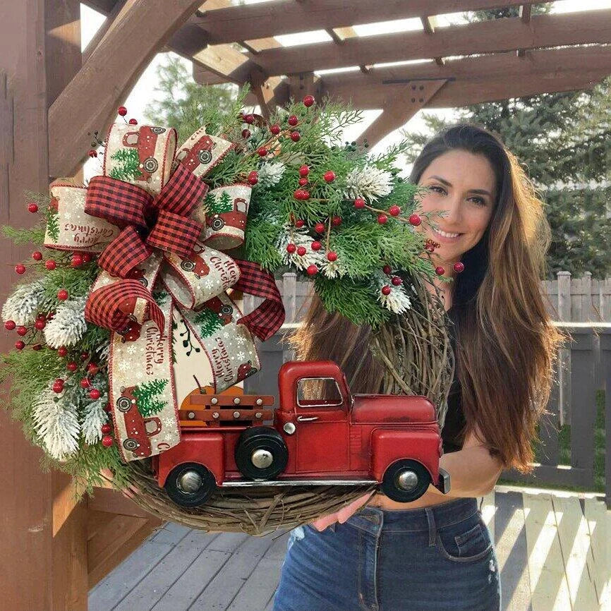 Wooden red truck Christmas garland with pumpkin accents for festive holiday decor