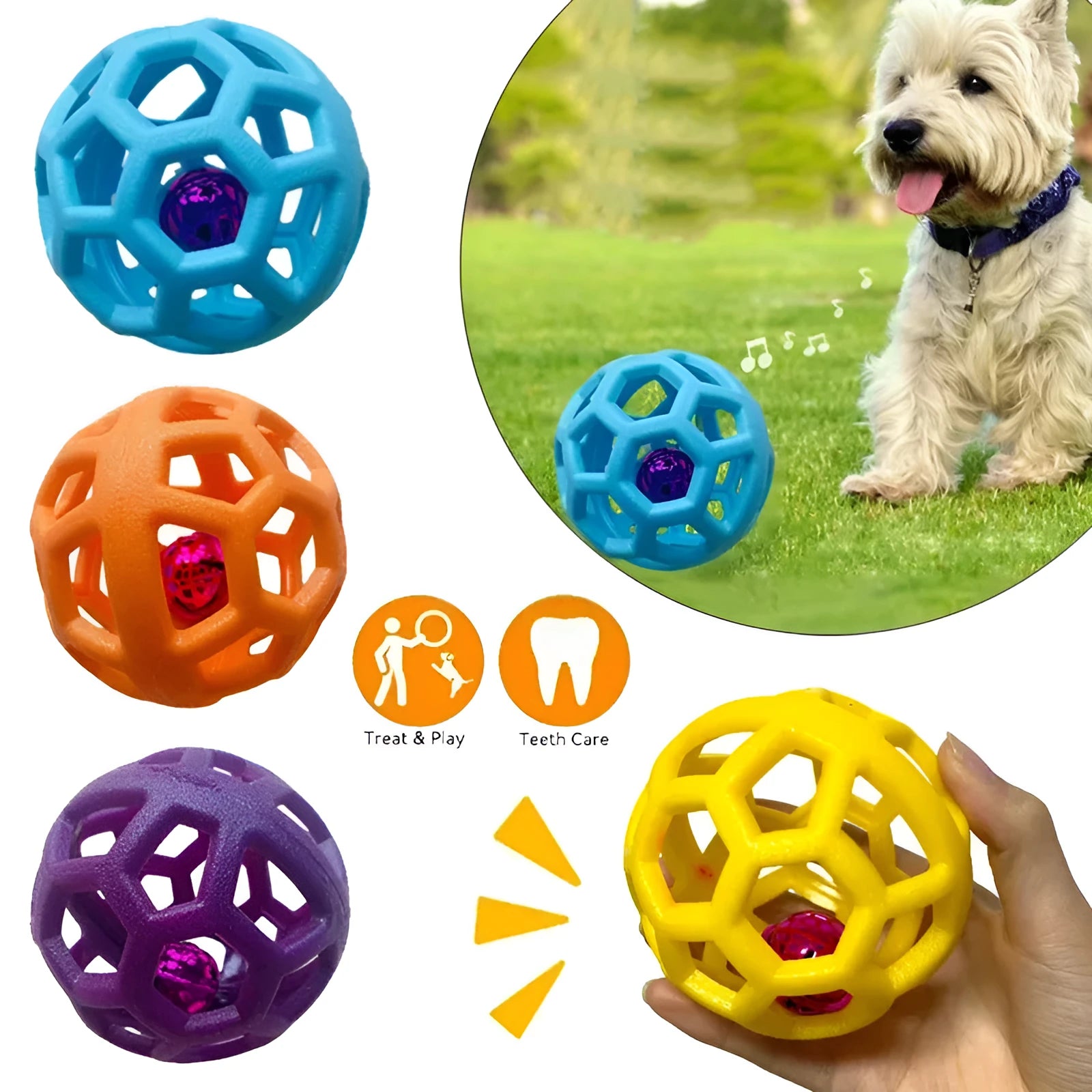 Orange TPR dog chew ball toy 9cm diameter with bell on white background
