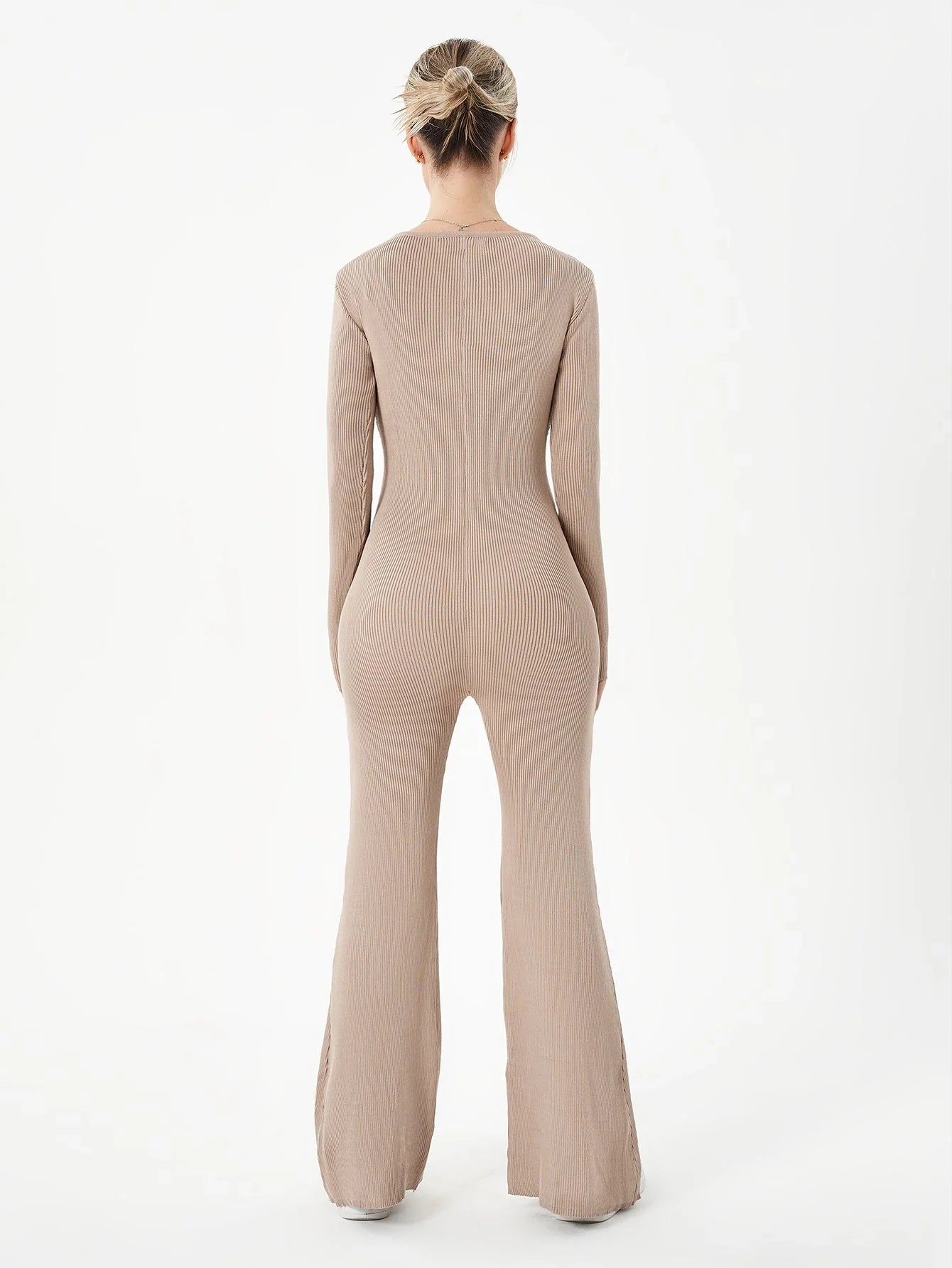 Zippered round neck flared trousers in black, white, khaki, and brown