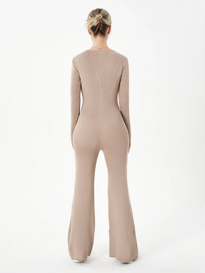 Zippered round neck flared trousers in black, white, khaki, and brown