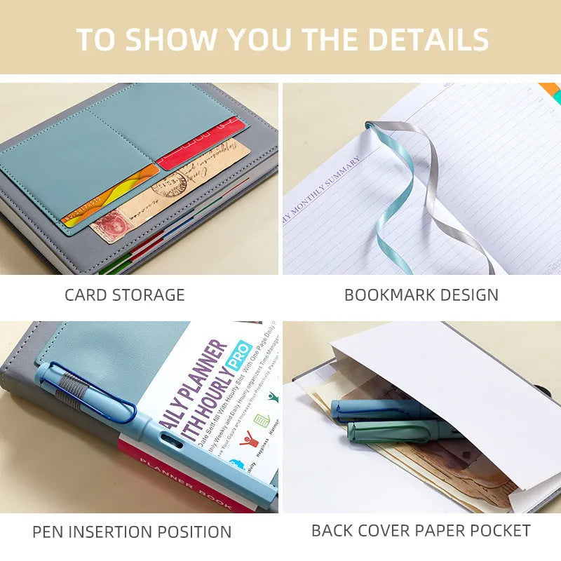 No date journal notebook with elastic strap closure in purple, showing thread binding and thick paper.