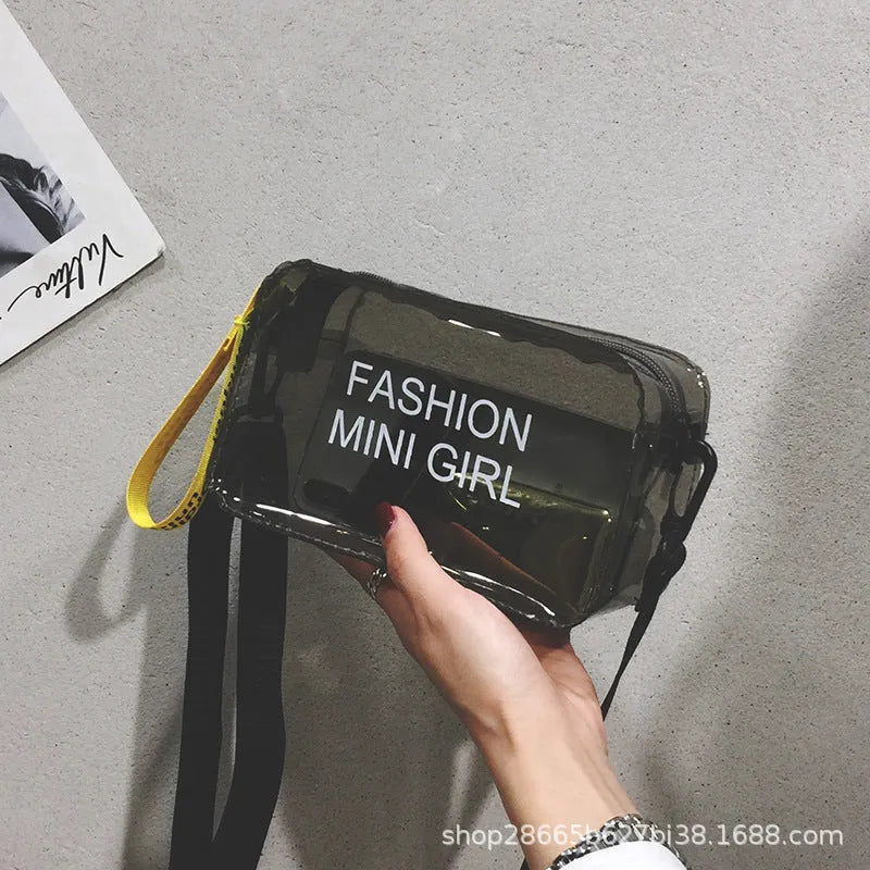 Transparent square jelly cross-body shoulder bag with adjustable strap in multiple colour options.