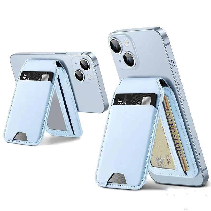 Genuine leather magnetic phone back card holder in black with contrast stitching, ultra-light and waterproof
