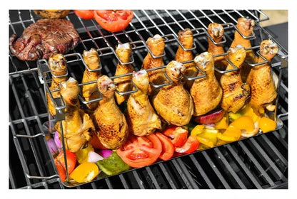 Stainless Steel Barbecue Rack with 14 slots for cooking chicken legs and wings, featuring a folding stand and drip tray