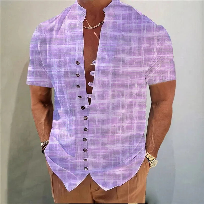 Youth wearing a short-sleeve cardigan shirt with a geometric 3D printed floral pattern in a blue colour.