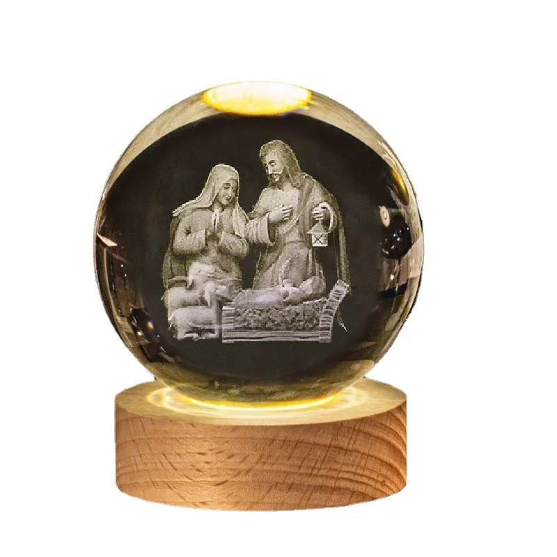 White crystal ball desk lamp with a solid wood base and an embedded cross design.