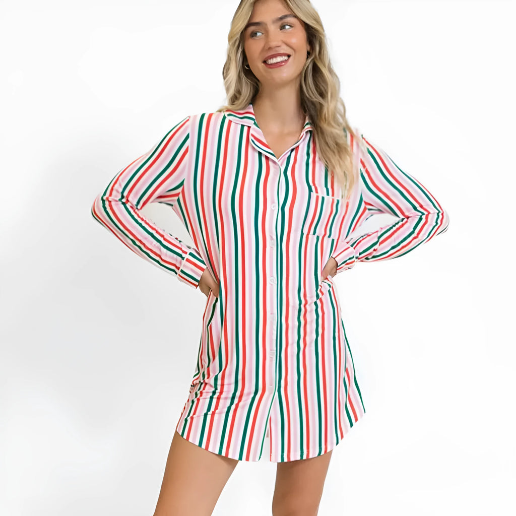 Pink striped long-sleeved polyester Christmas dress for women, casual style, front view