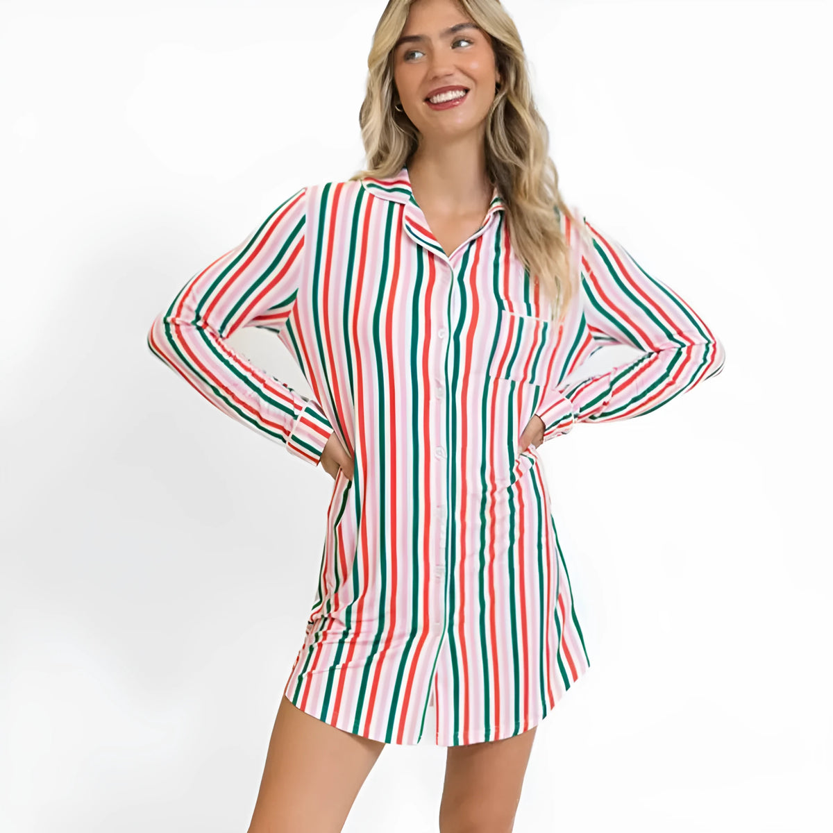 Pink striped long-sleeved polyester Christmas dress for women, casual style, front view