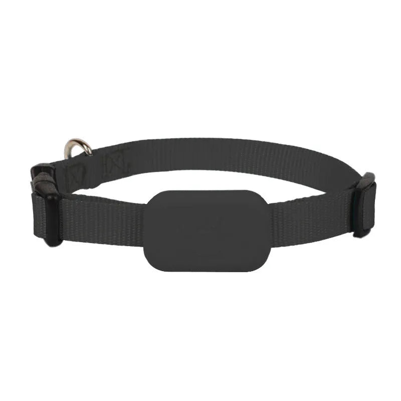 Black pet positioning collar with Bluetooth tracker on adjustable strap for cats and puppies