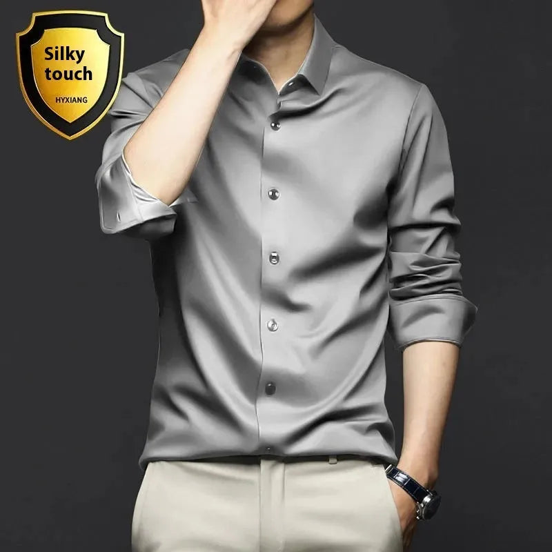 Business high-end ice silk shirt cardigan with lapel collar, slim fit, long sleeves, solid colour, polyester fabric