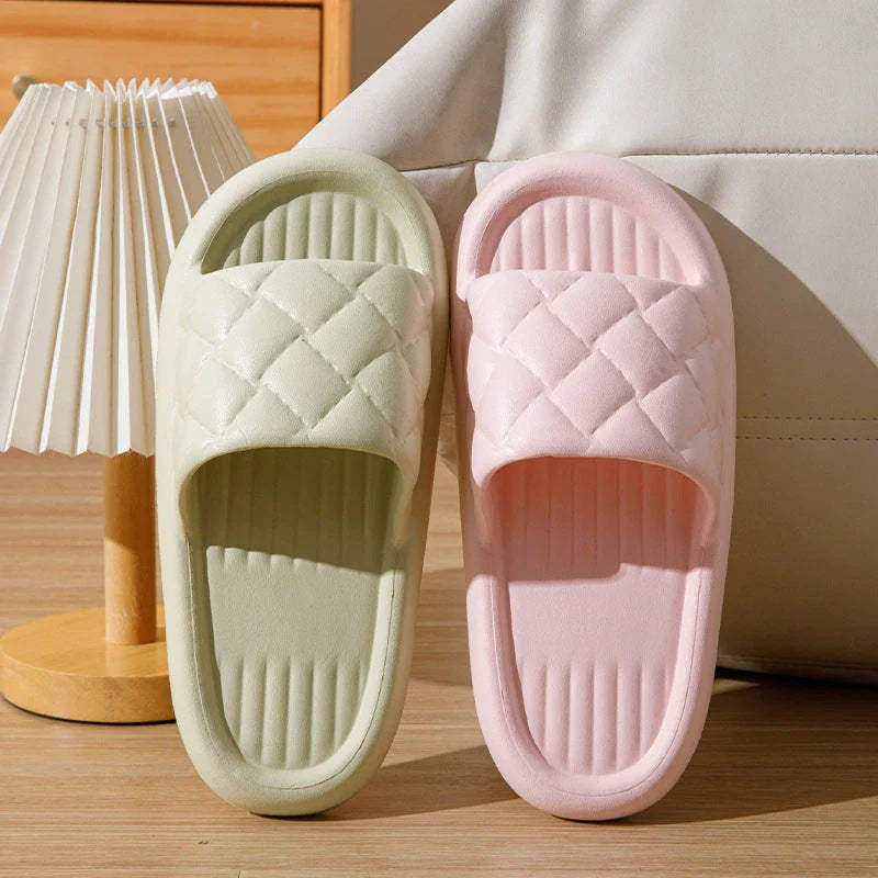 Stylish and comfortable rhombus-patterned slippers for indoor and bathroom use, featuring breathable, waterproof, and non-slip design in multiple vibrant colors.