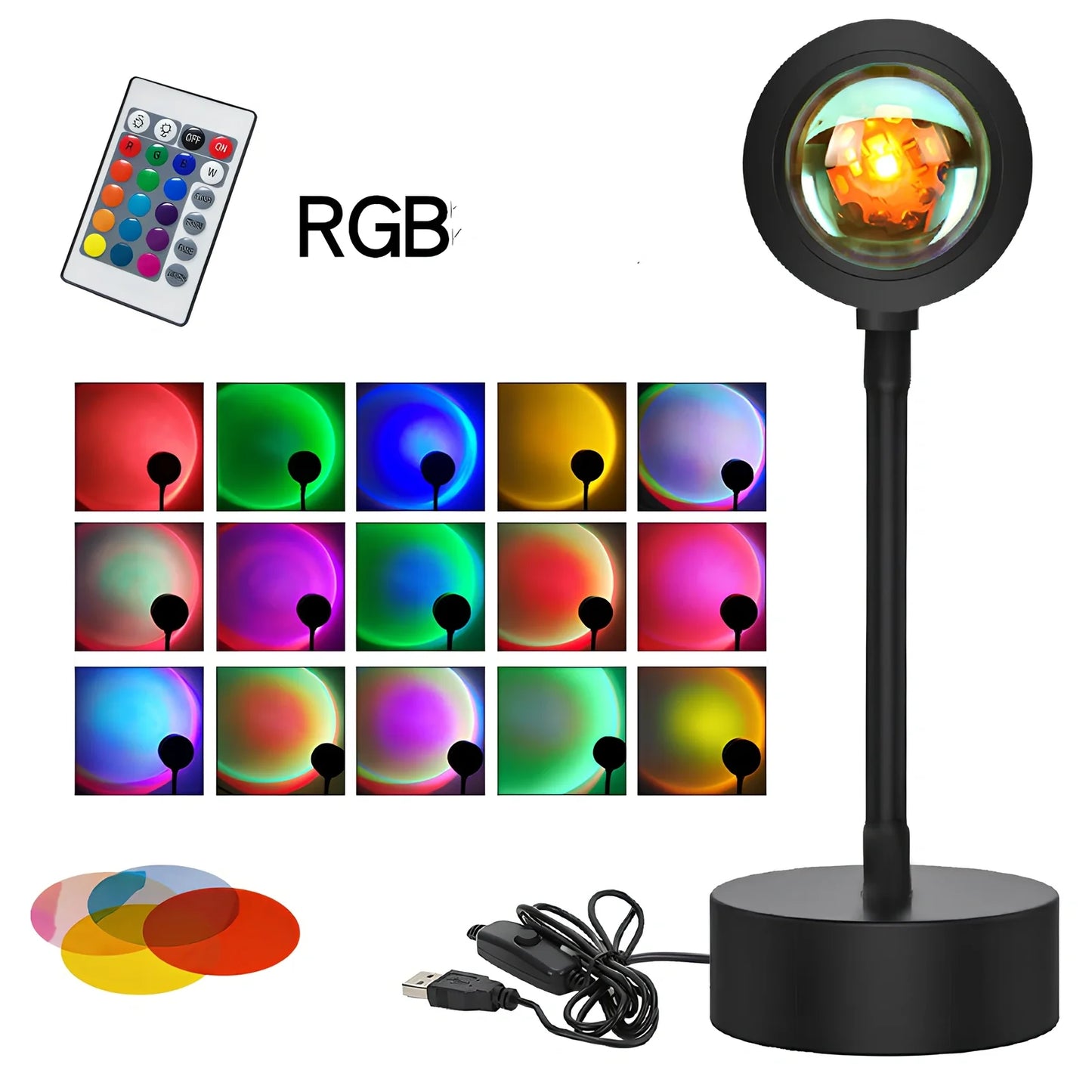 Adjustable sunset projection lamp with iron shell, 80x100x270mm, projecting 4 light modes on wall via USB 5V power